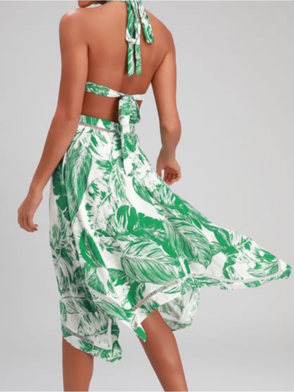Lulus Tropical Splendor White Green Leaf Print Halter Dress XS Resort Backless